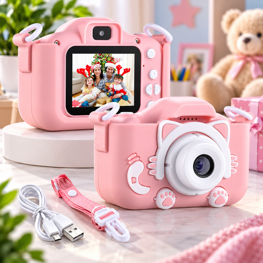 Câmara Infantil 1080P com Ecrã de 2” e Design de Gato Rosa