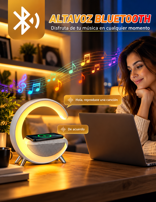 Altavoz Bluetooth 3 en 1 con Cargador Inalámbrico y Lámpara LED