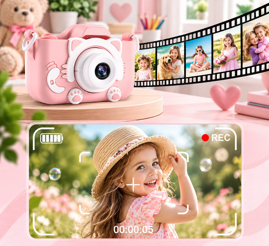 Câmara Infantil 1080P com Ecrã de 2” e Design de Gato Rosa