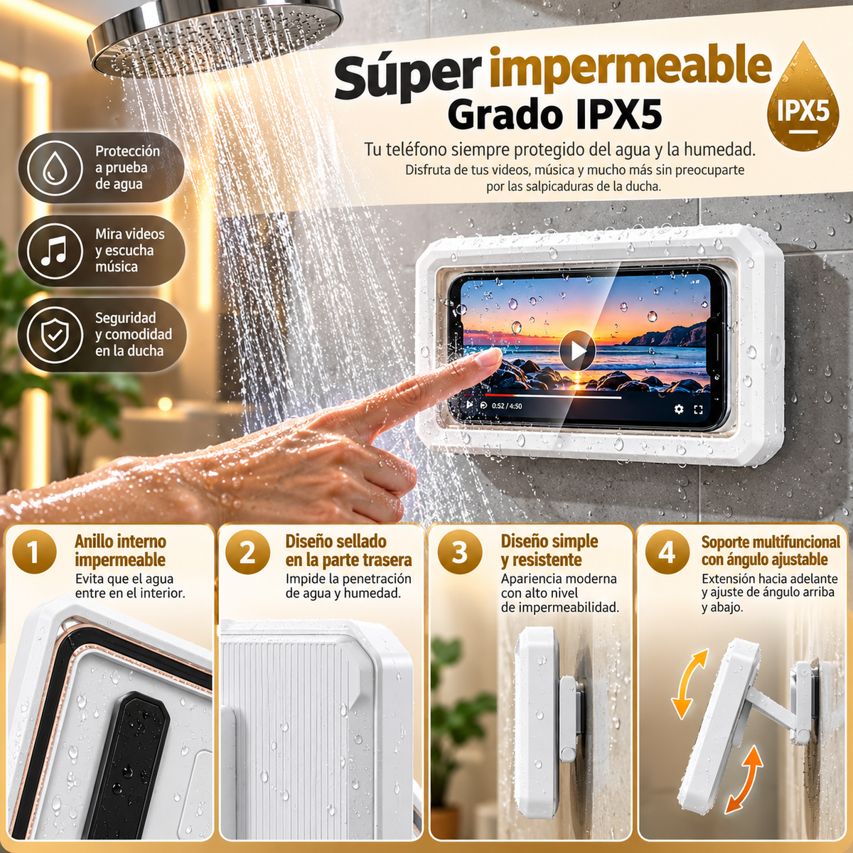 Soporte Impermeable 360° para Teléfono en la Ducha